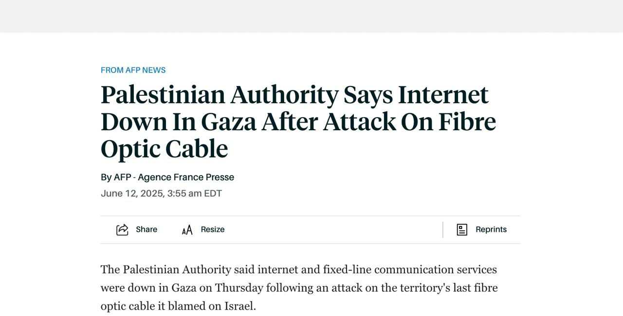 screen capture of Barron's headline and first paragraph about internet cut to Gaza