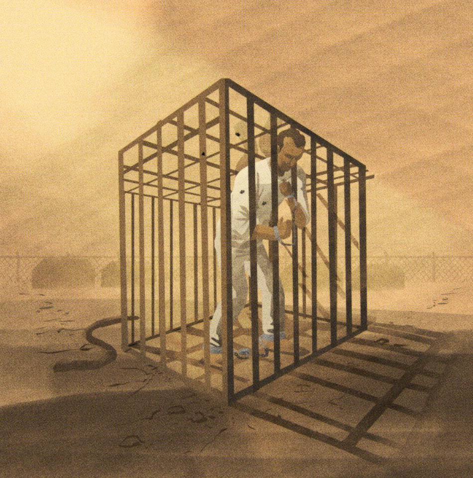  Individual held in ‘the box’ at “Alligator Alcatraz.” Described as a cage you would find at the zoo, where people are shackled at their feet and wrists and chained to the ground, under the hot sun. © Tercer Piso